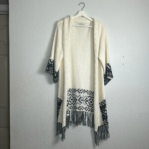 Ariat Cream Navy Fringe Cable Knit Open Cardigan Cotton Blend Womens Size Medium